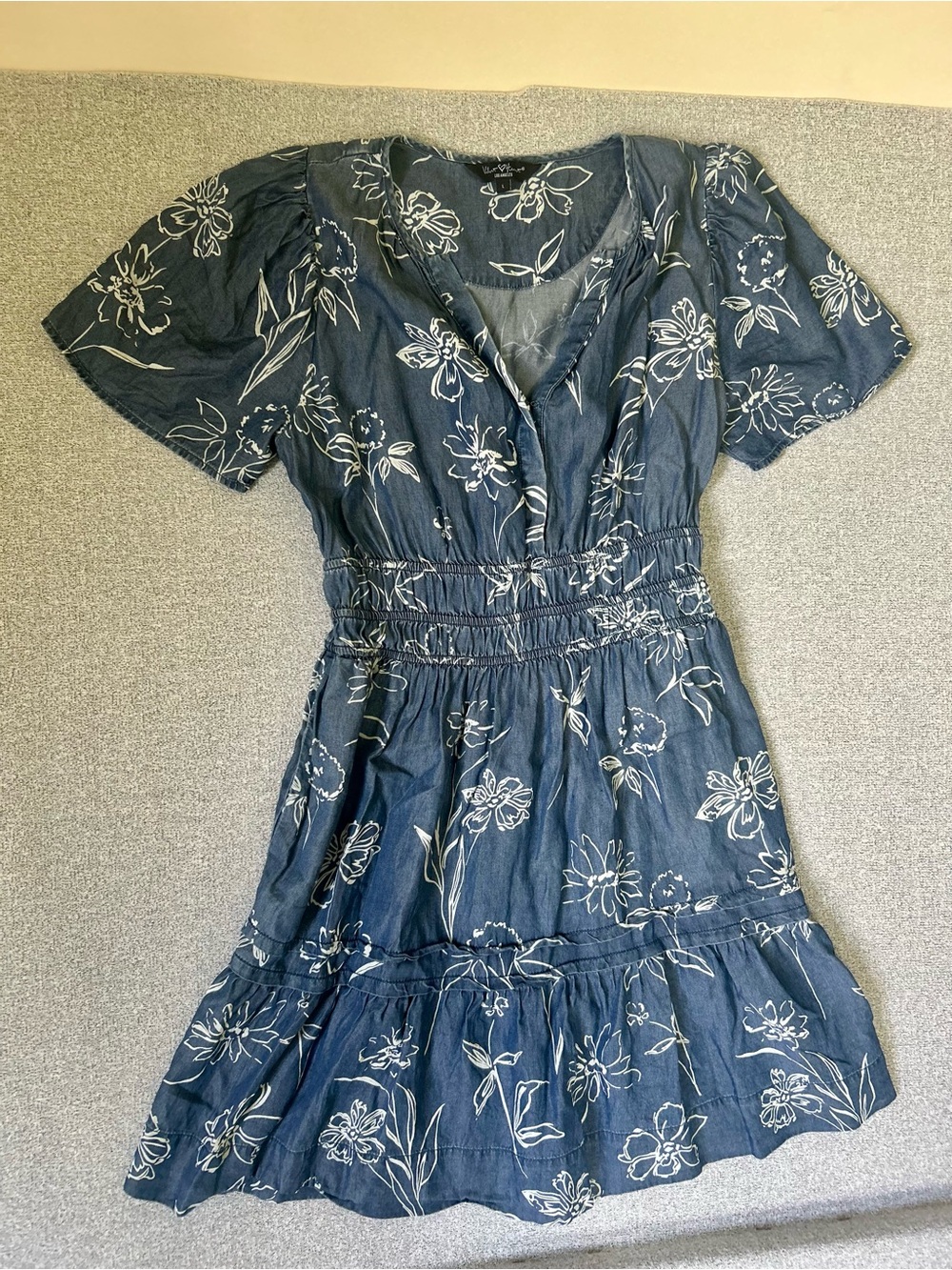 Velvet Heart LA Blue Floral Tencel Mini Dress Smocked Tiered L Style 2DA-51213